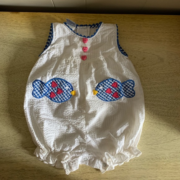 Vintage Other - Vintage Samara Baby Girl’s White Blue Pink Fish Button Romper